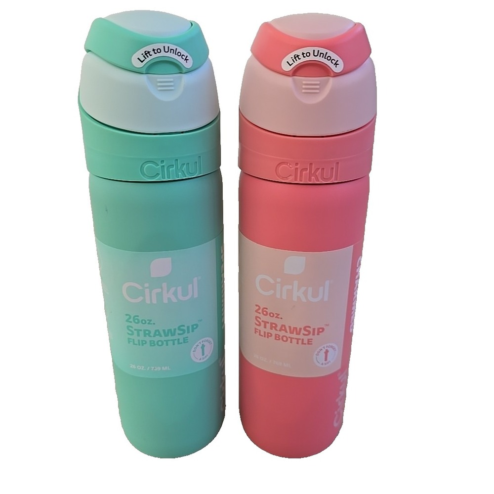 Cirkul Bundle Of 2 26oz StrawSip Flip Water Bottle‎ Dbl Wall Spearmint & Charmed